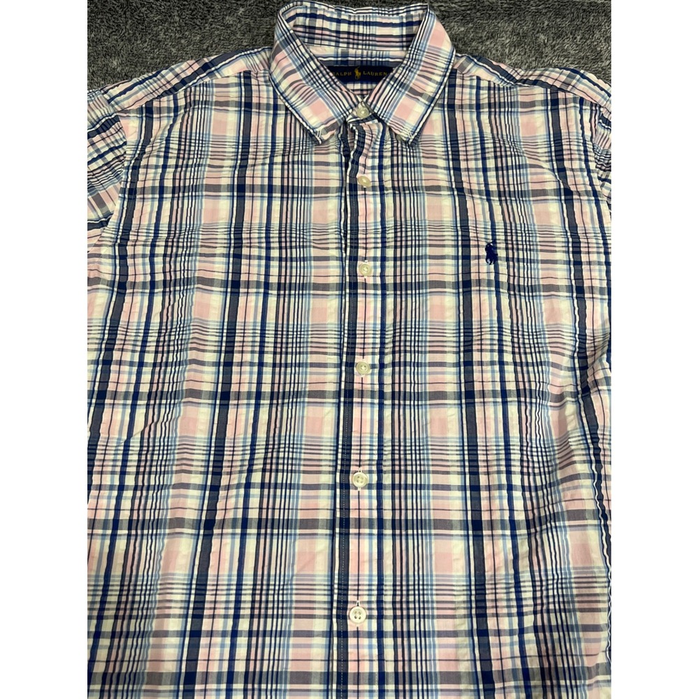Ralph Lauren Mens Large Pink Blue Plaid Short Sleeve Button Down Cotton Shirt